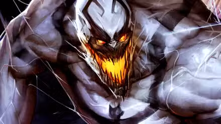 La boca y los ojos de Anti-Venom brillan en rojo en la portada del cómic de Venom