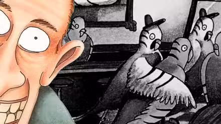 Far Side (hombre con los ojos muy abiertos, izquierda) y pájaros en un bar (derecha).