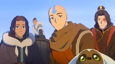 Katara, Sokka, Aang, Momo y Zuko montados en Appa en Avatar Aang The Last Airbender