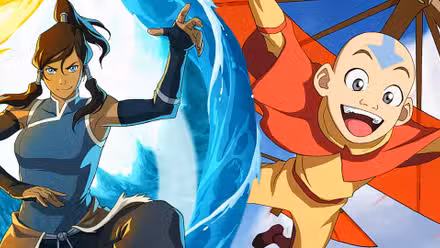Una imagen compuesta de Korra doblando el agua junto a Aang volando en su cometa en Avatar: The Last Airbender y The Legend of Korra.