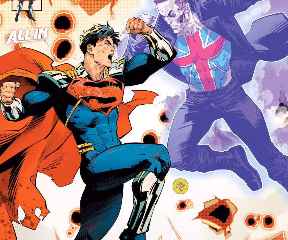 Superboy-Prime pelea contra Manchester Black en la portada de Superman #40