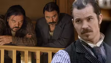 Collage de Al y otro hombre mirando hacia adelante y un primer plano de Seth de Deadwood