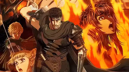 Anime Berserk 2016 con personajes de fondo.