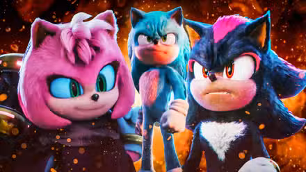 Amy Rose sosteniendo su martillo, Sonic luciendo enojado y Shadow luciendo enojado en Sonic the Hedgehog 3 (2024)