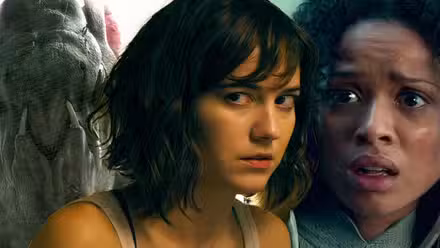 Collage de The Cloverfield Monster, Michelle de 10 Cloverfield Lane y Ava asustada de The Cloverfield Paradox