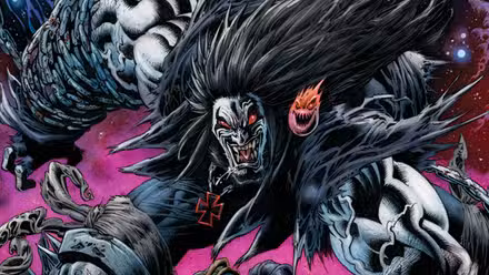 Arte de cómic: Lobo sonríe y se agacha en el espacio.