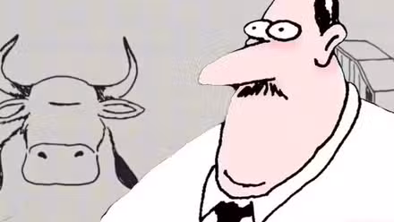 Un hombre de Far Side parece preocupado (primer plano, color) con una vaca y un granero al fondo.