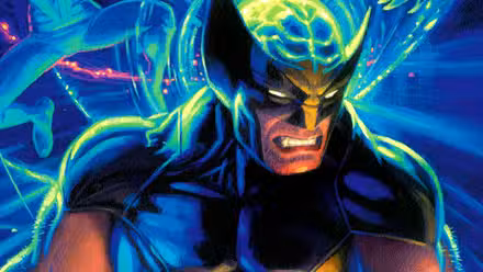 El disfraz de Wolverine brilla bajo una luz azul