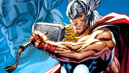 Thor sonríe mientras balancea su martillo Mjolnir en el arte de Marvel Comics de J Scott Campbell