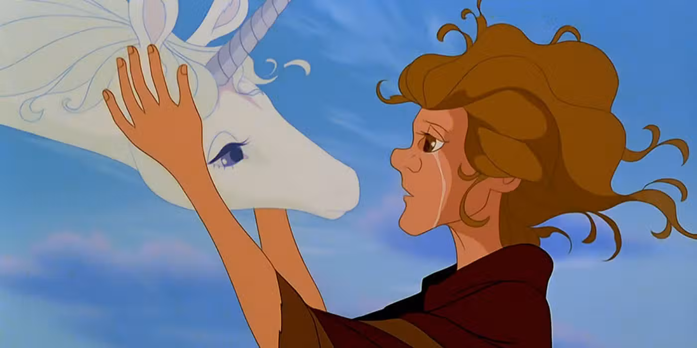 Molly llora mientras mira a los ojos del Unicornio en El último unicornio