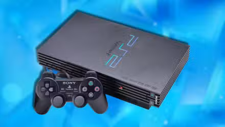 Una consola PlayStation 2 y un controlador sobre un fondo azul.