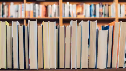 Libros apilados frente a una estantería