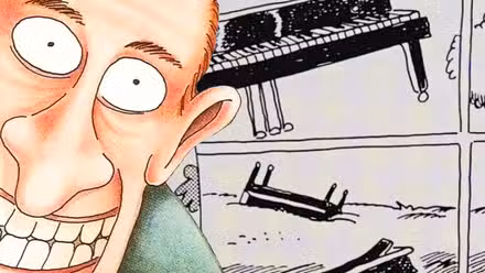 Hombre sonriente de Far Side (izquierda, color) con pianos cayendo del cielo detrás de él (blanco y negro).