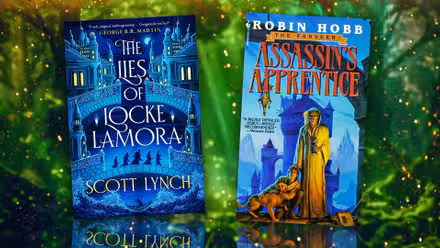 Las mentiras de Locke Lamora y Assassin's Apprentice cubre sobre un fondo verde