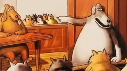 Un perro de dibujos animados se encuentra en la corte, señalando a los gatos.