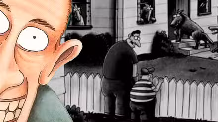 Far Side, un hombre sonriente (izquierda) y lobos corriendo hacia una casa suburbana (derecha).