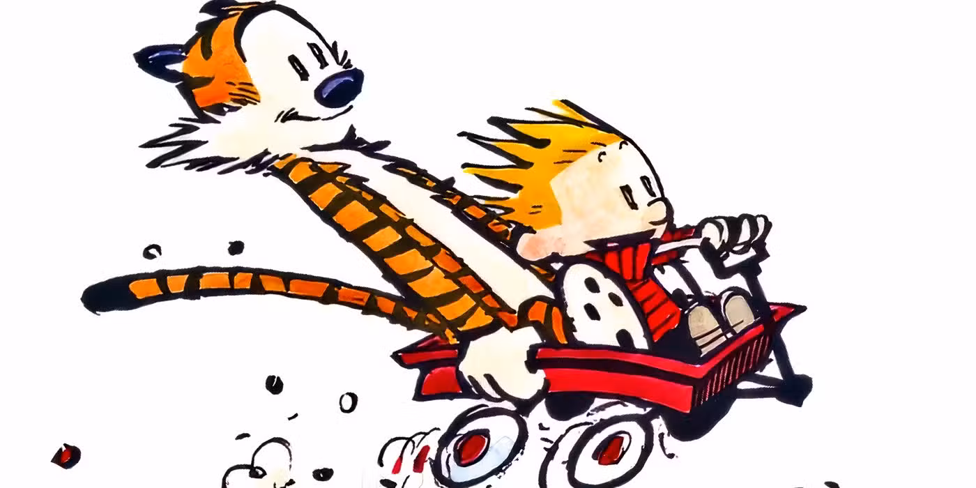 Calvin y Hobbes viajan juntos en una carreta roja. 