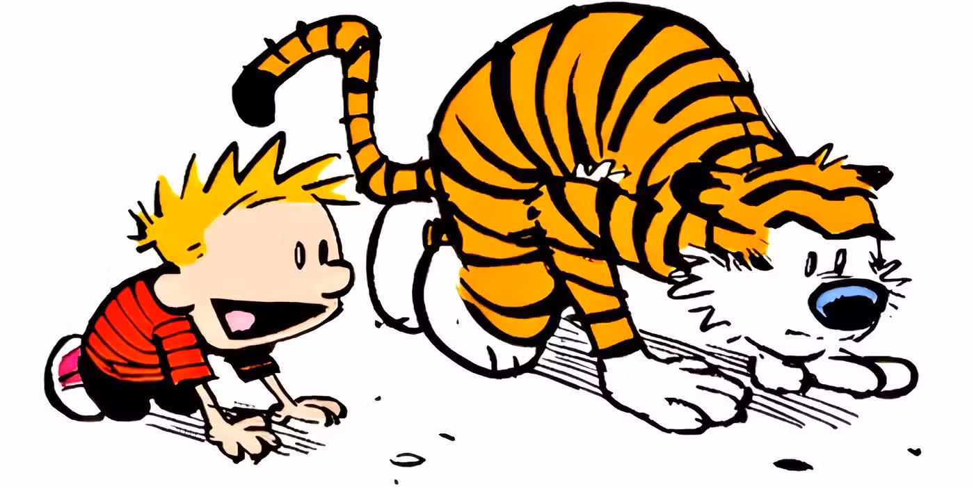 Calvin y Hobbes se agacharon uno al lado del otro, como si estuvieran a punto de correr.