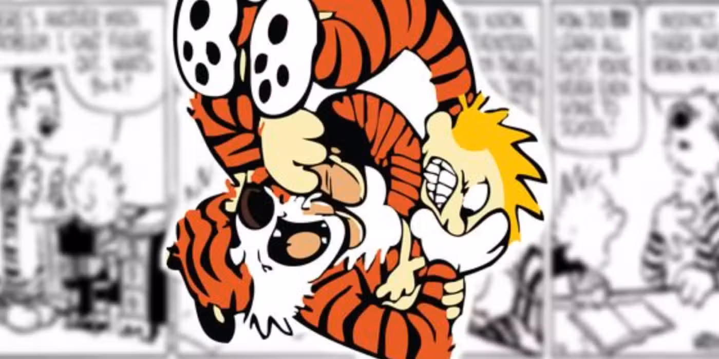 Calvin y Hobbes peleando con una tira cómica borrosa detrás de ellos.