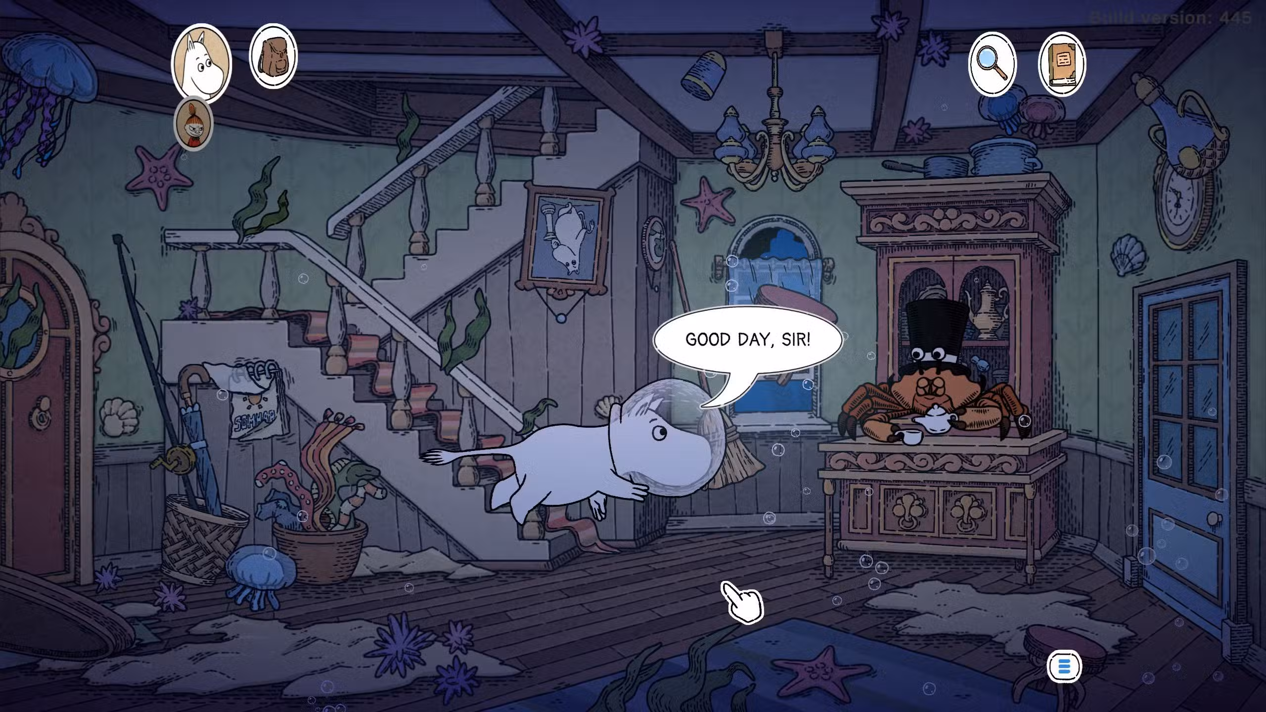 Captura de pantalla de Moomin Midsummer Madness de la demostración con Moomintroll nadando
