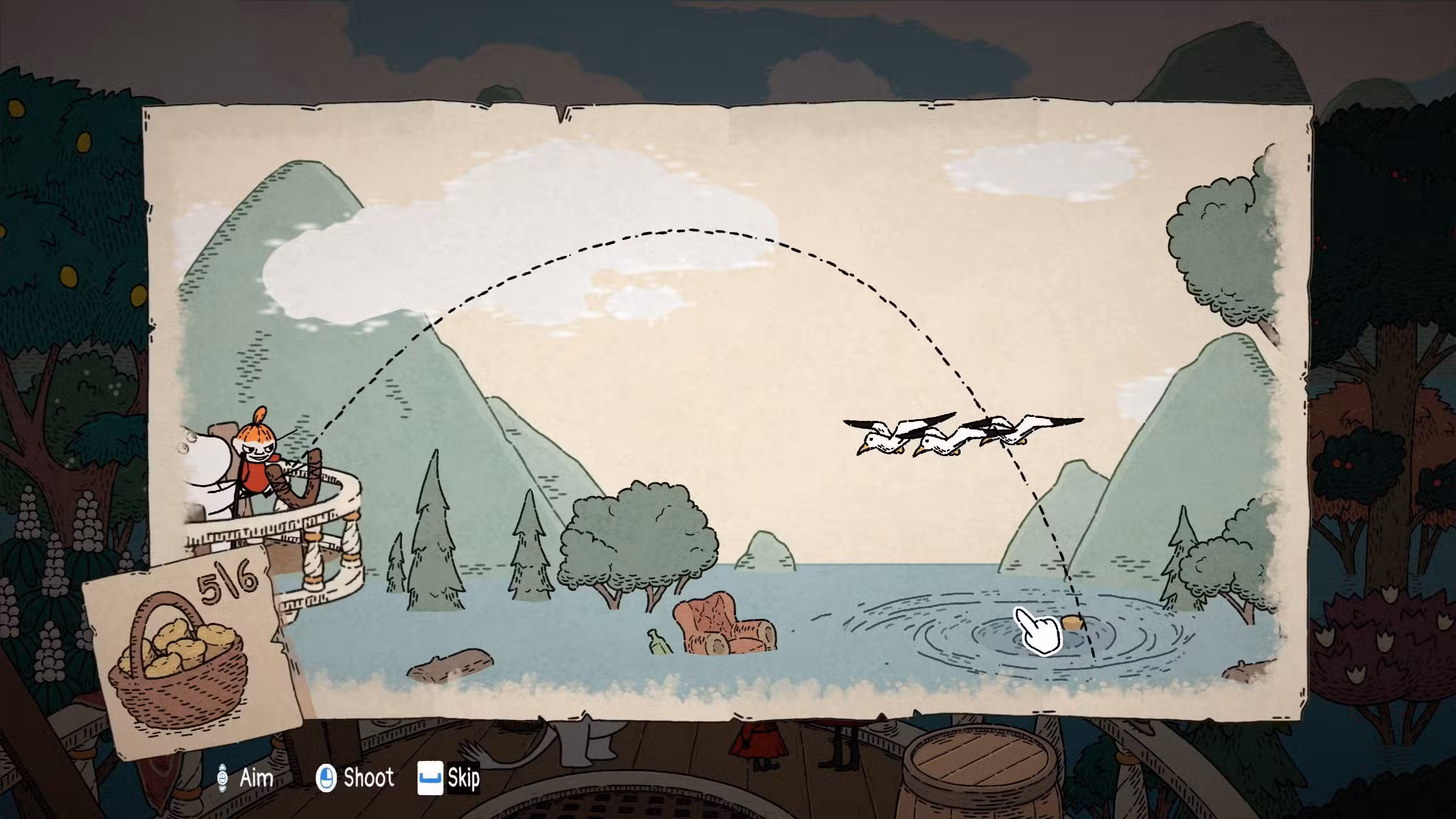 Captura de pantalla de Moomin Midsummer Madness de la demostración de disparar a Little My al agua