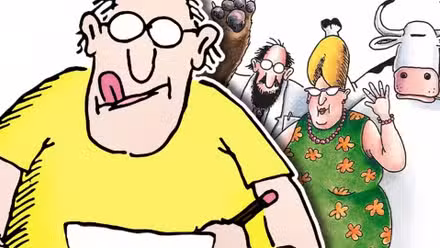 Gary Larson de Far Side escribiendo con personajes recurrentes detrás de él.