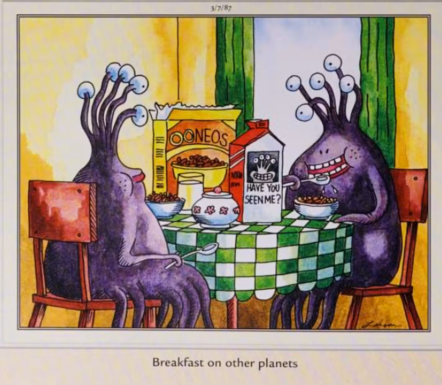 Far Side, 7 de marzo de 1987, con 'desayuno en otros planetas'
