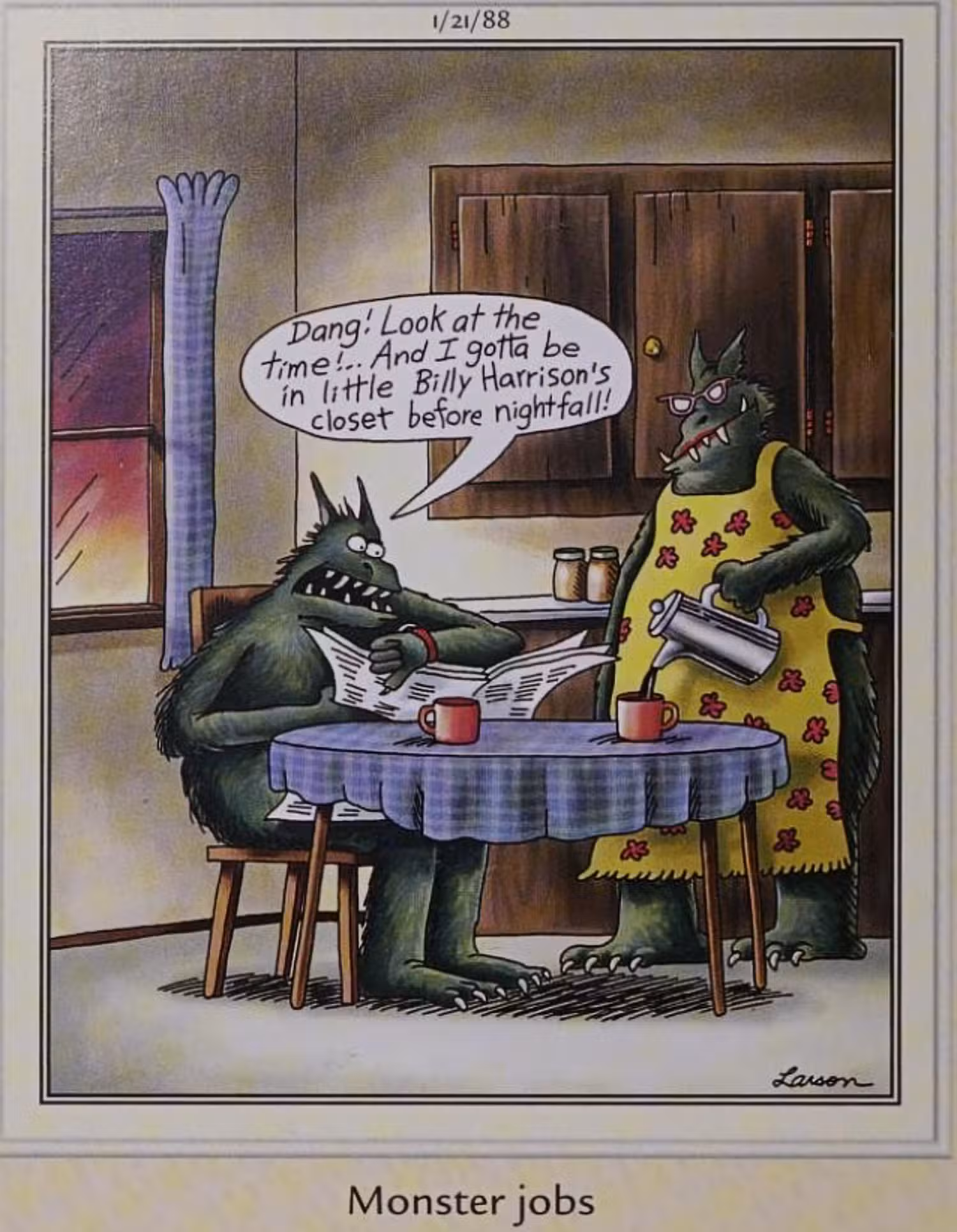 Far Side, 21 de enero de 1988, un monstruo que llega tarde al trabajo