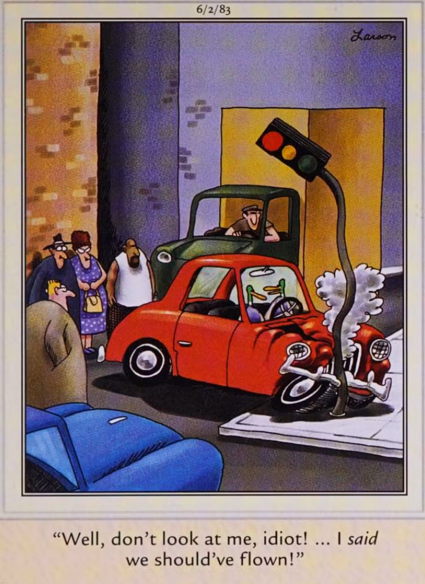 Far Side, 2 de junio de 1983, los patos chocan su coche contra un semáforo.