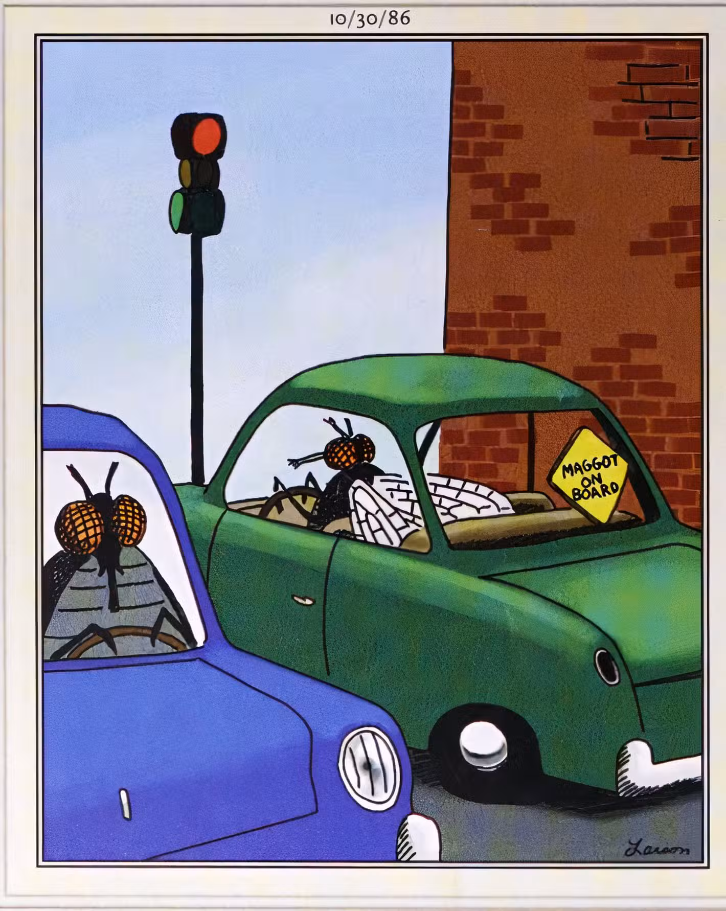 Far Side, 30 de octubre de 1986, vuela conduciendo con un cartel de