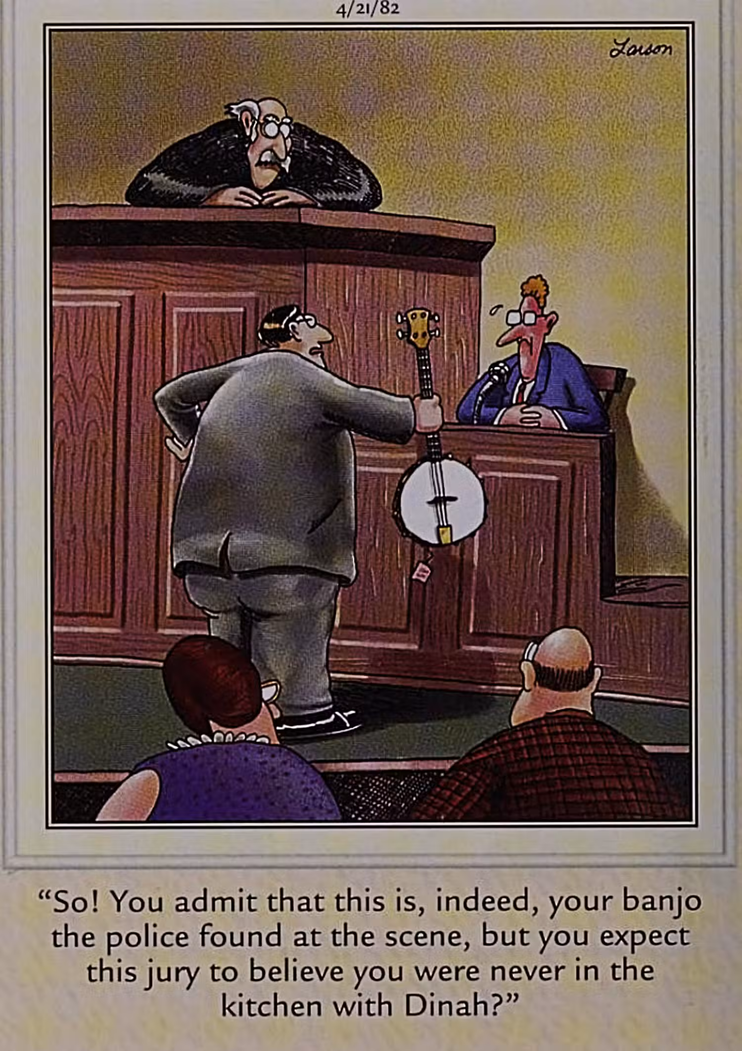 Far Side, escena del tribunal, testigo lo niega