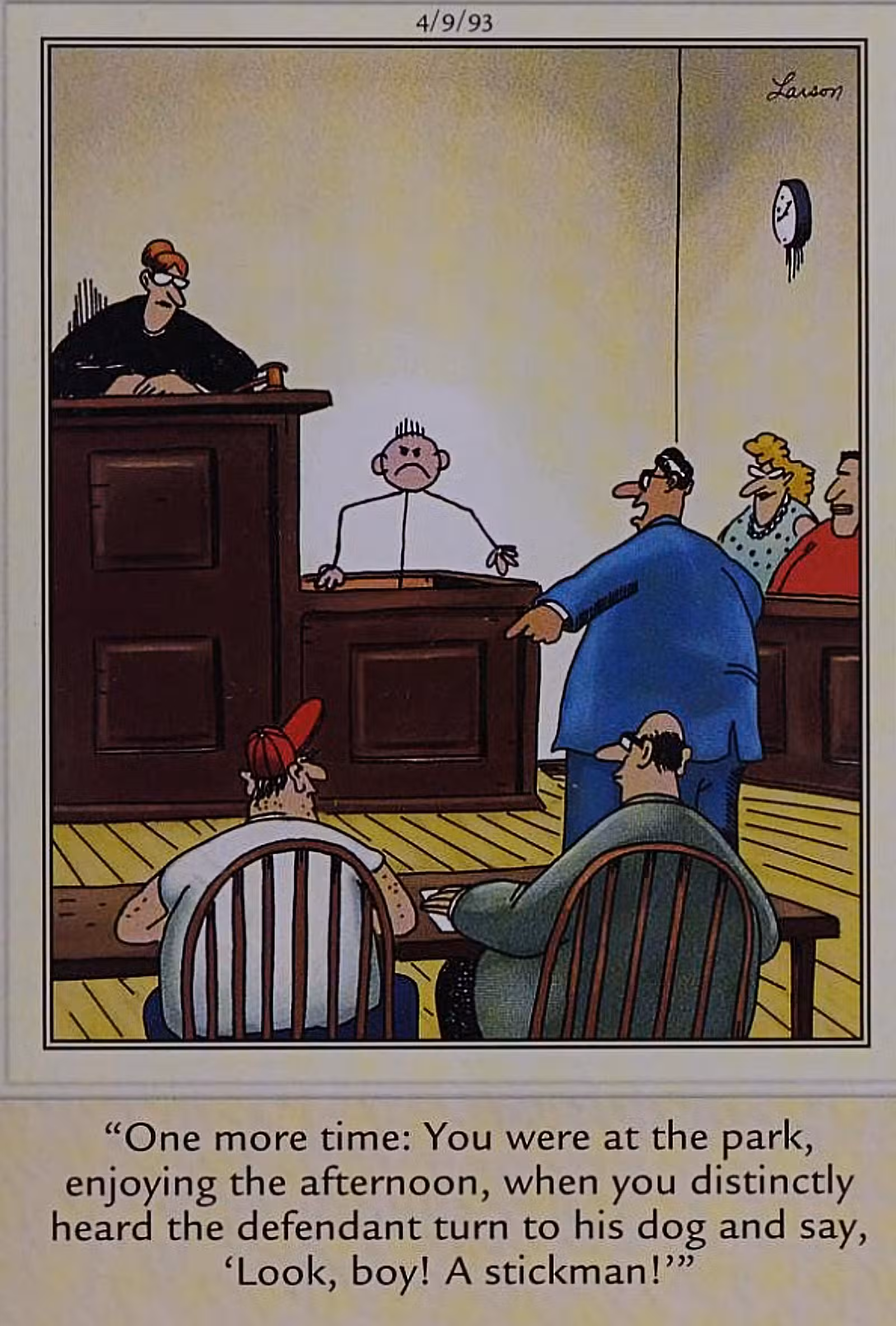 Far Side, 9 de abril de 1993, un hombre de palo en el estrado de los testigos en el tribunal
