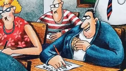 Far Side (recortado) un estudiante sacando un cerebro de su chaqueta durante un examen