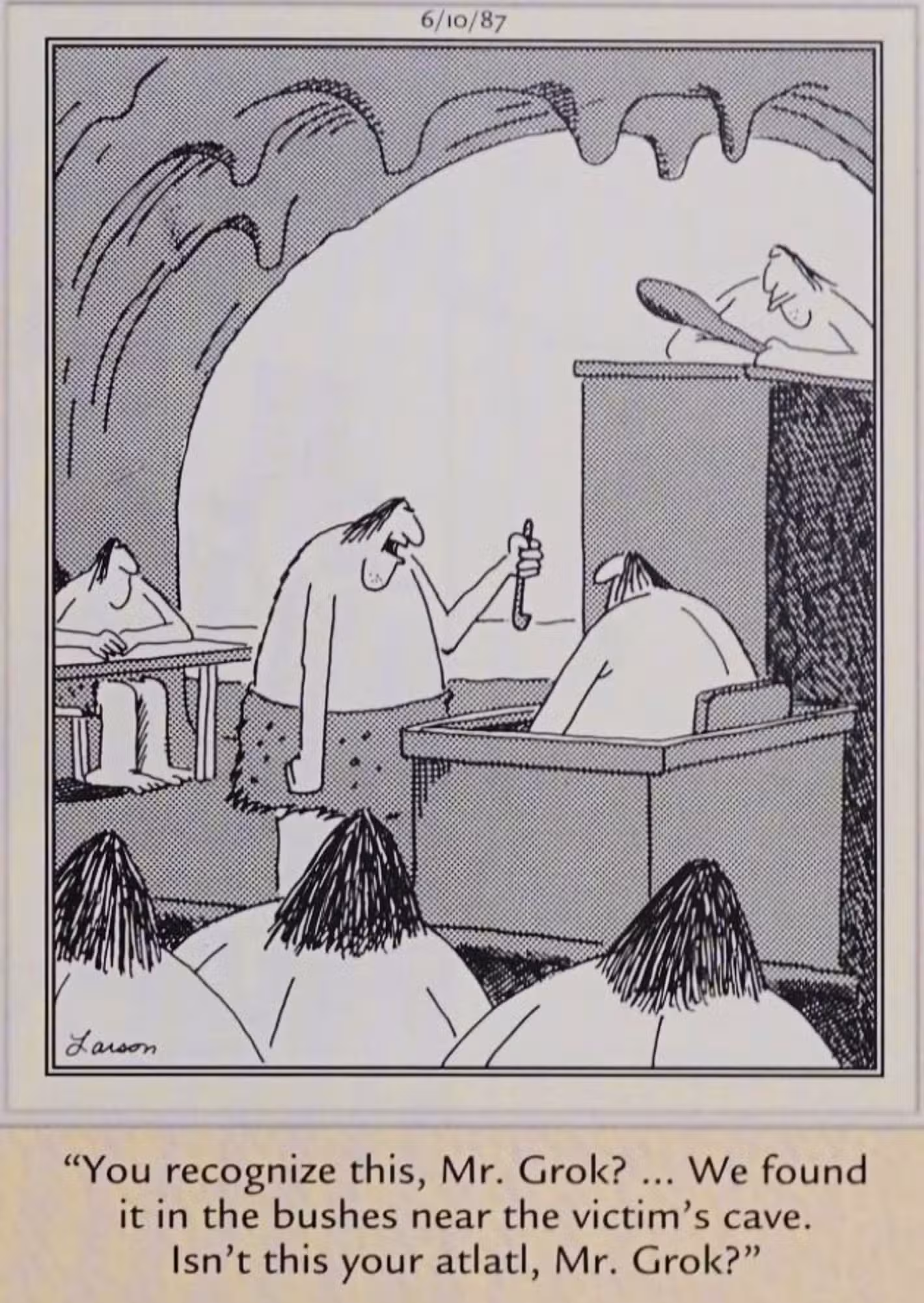 Far Side, 10 de junio de 1987, que representa una escena prehistórica de la sala del tribunal.