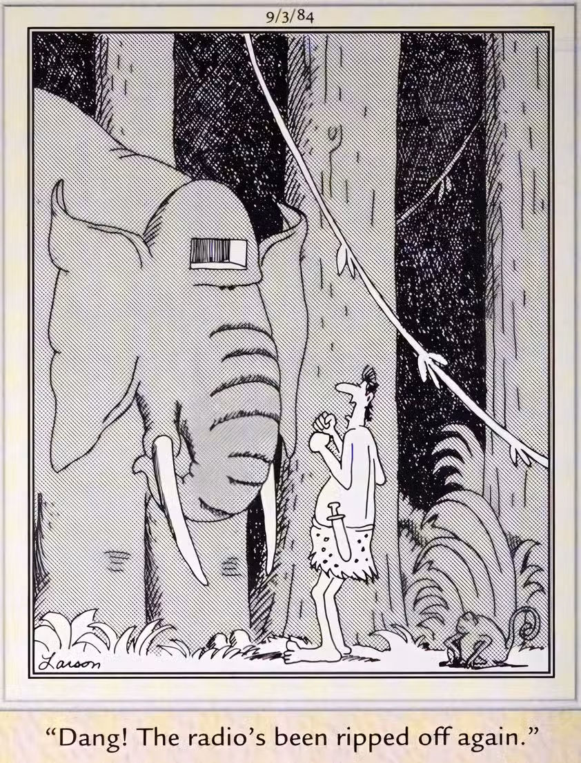 Far Side, 3 de septiembre de 1984, Tarzán está furioso porque le robaron la radio de la frente de su elefante.