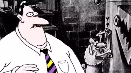 El hombre de Far Side parece sorprendido (primer plano) mientras un caniche construye un robot asesino (fondo)