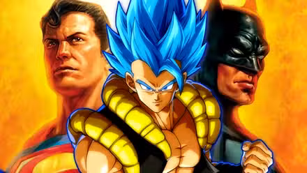 Gogeta de Dragon Ball se encuentra entre Superman y Batman de DC Comics sobre un fondo naranja