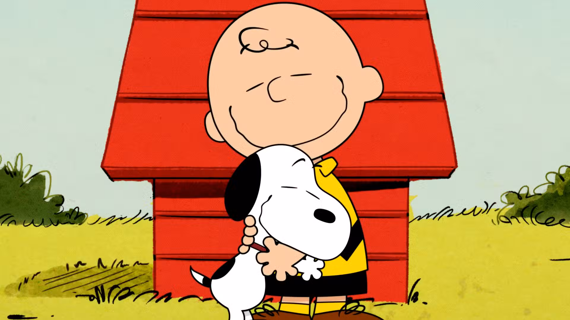 Charlie Brown abraza a Snoopy en el arte de la tira cómica Peanuts