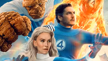 Los Cuatro Fantásticos luchan juntos en el arte de la película Primeros pasos del MCU