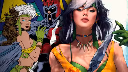 Versión contemporánea de Savage Land Rogue (primer plano) con una versión clásica de ella y Magneto de fondo.