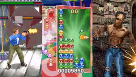 John de Die Hard Arcade, una línea en Puyo y un zombi de House of the Dead en un encabezado de Sega Arcade Classics.
