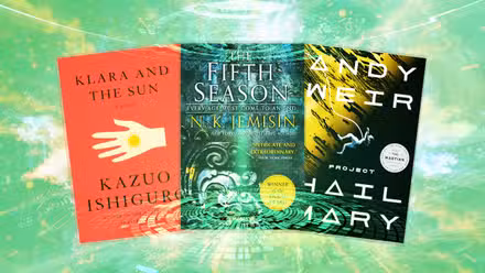 Portadas de libros de Klara & The Sun de Kazuo Ishiguro, The Fifth Season de NK Jemisin y Project Hail Mary de Andy Weir sobre un fondo con textura de color verde claro.