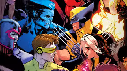 Arte cómico de X-Men de Magneto, Bestia, Wolverine, Cyclops, Rogue y más enfrentándose en el arte cómico de David Márquez