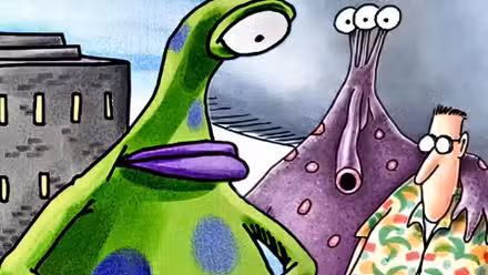 Far Side, alienígena verde, alienígena morado y un humano