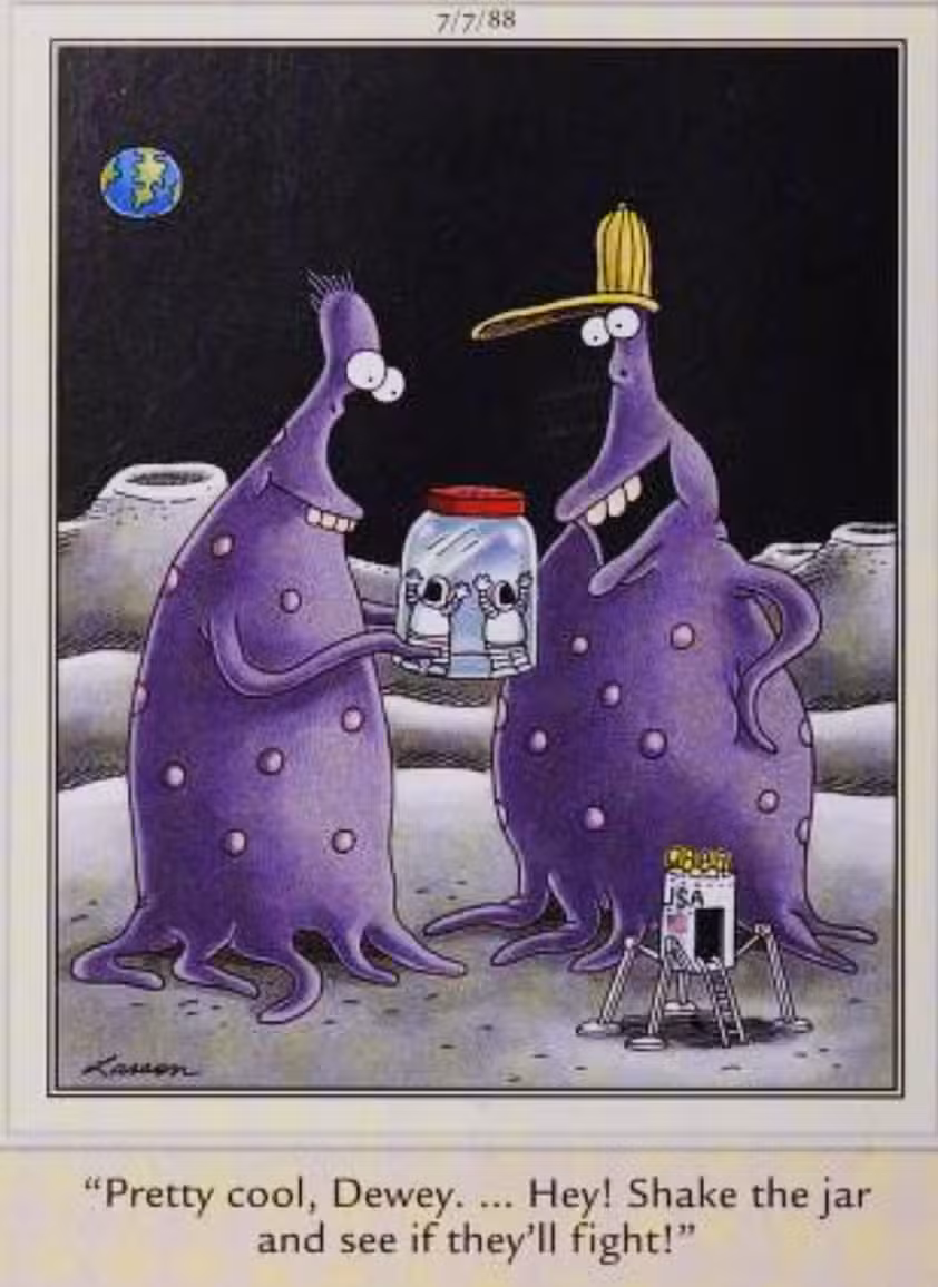 Far Side, 7 de julio de 1988, extraterrestres gigantes capturan astronautas en un frasco
