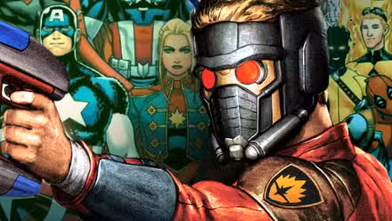 Peter Quill, también conocido como Star-Lord, dispara su arma bláster frente a los Vengadores.