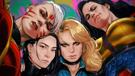 Arte del cómic: equipo de Birds of Prey con Zealot, Batgirl, Black Canary y Big Barda
