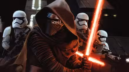 Kylo Ren liderando a los soldados de asalto en el arte promocional de Star Wars The Force Awakens