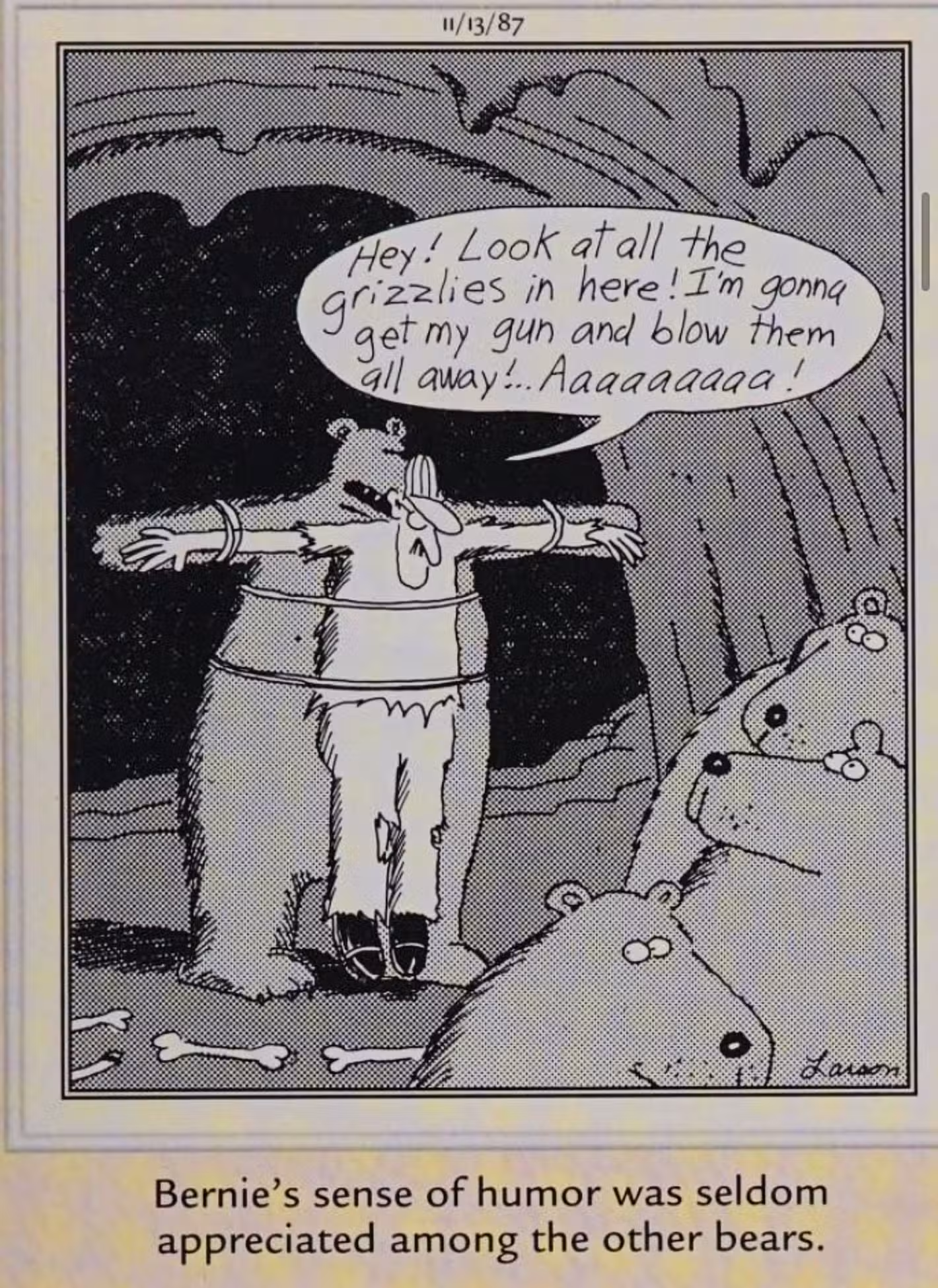 Far Side, 13 de noviembre de 1987, un oso ata a un cazador muerto a su cuerpo y le hace una impresión.