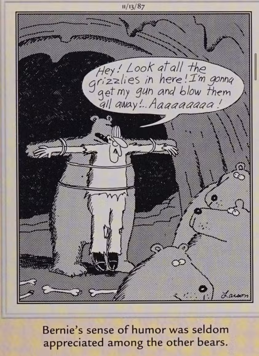 Far Side, 13 de noviembre de 1987, un oso ata a un cazador muerto a su cuerpo y le hace una impresión.